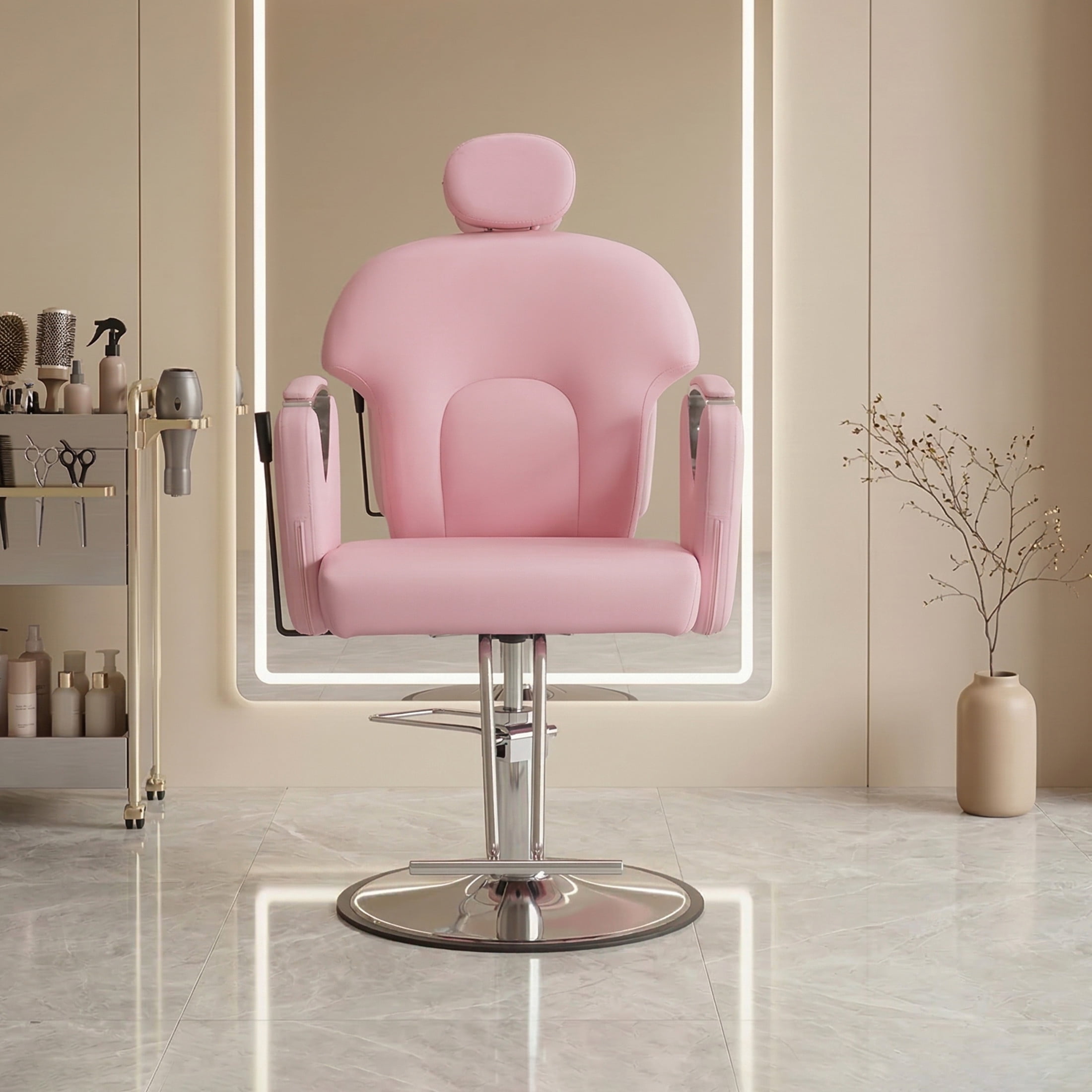Noble House Hydraulic Barber Chair, Reclining Salon Styling Chair, PU Upholstery, Pink + Chrome