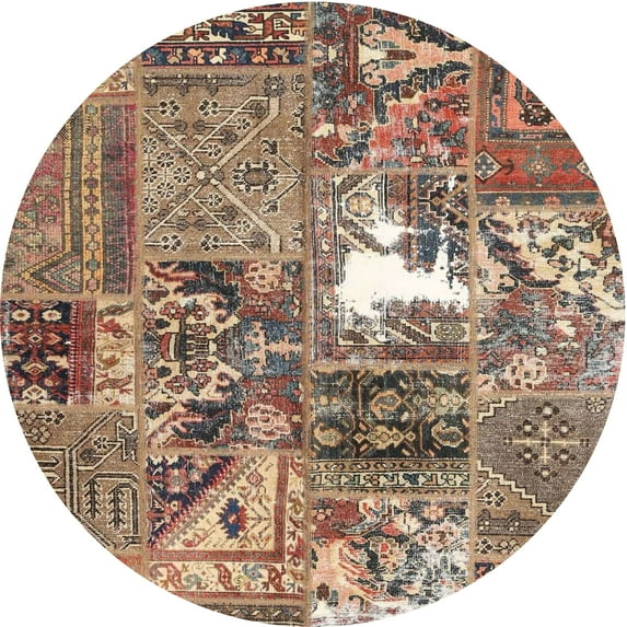 Ahgly Company Indoor Round Contemporary Reddish Brown Patchwork Area Rugs, 6' Round