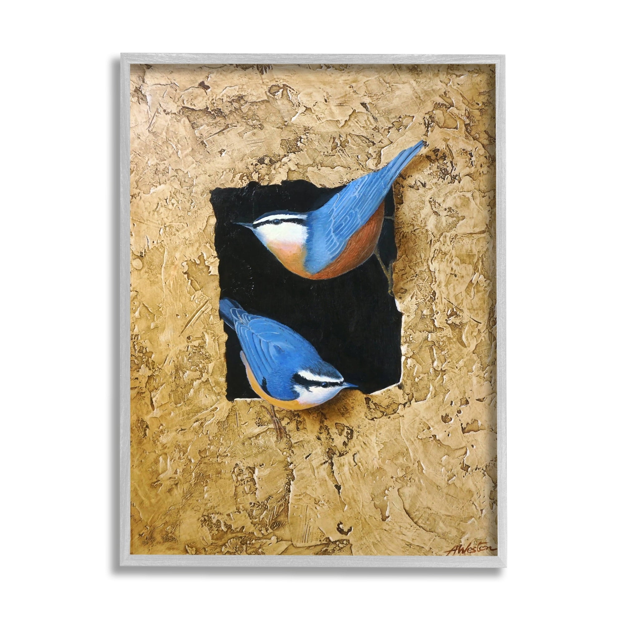Stupell Industries Blue Bird Pair Perched Rough Layered Structure Painting Gray Framed Art Print Wall Art, Design by Alan Weston