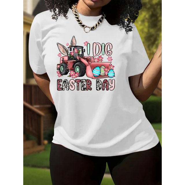 Women's Easter Bunny Graphic Tee - White Casual Short Sleeve T-Shirt with "I Dig Easter Day" Design, Pink Tractor & Egg Print, Soft Polyester Fabric for Spring/Summer Wear