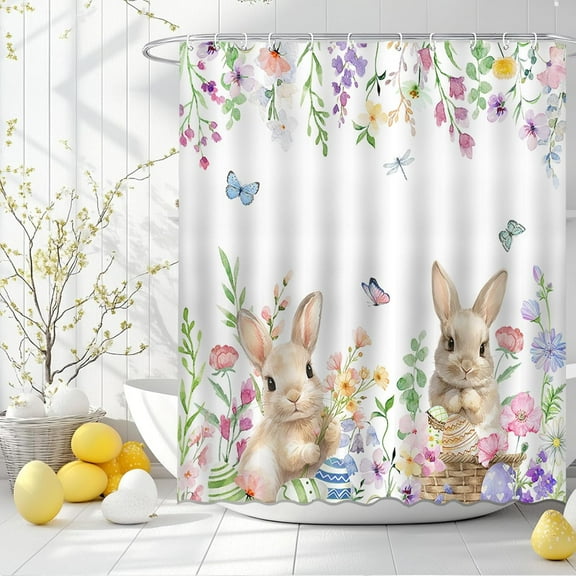 pipaio Easter Bunny Shower Curtain Spring Easter Eggs Cute Rabbits Floral Bathroom Shower Curtain Easter Waterproof Fabric Shower Curtain Bathtub Decor with 12 Hooks 72 X 72 Inches
