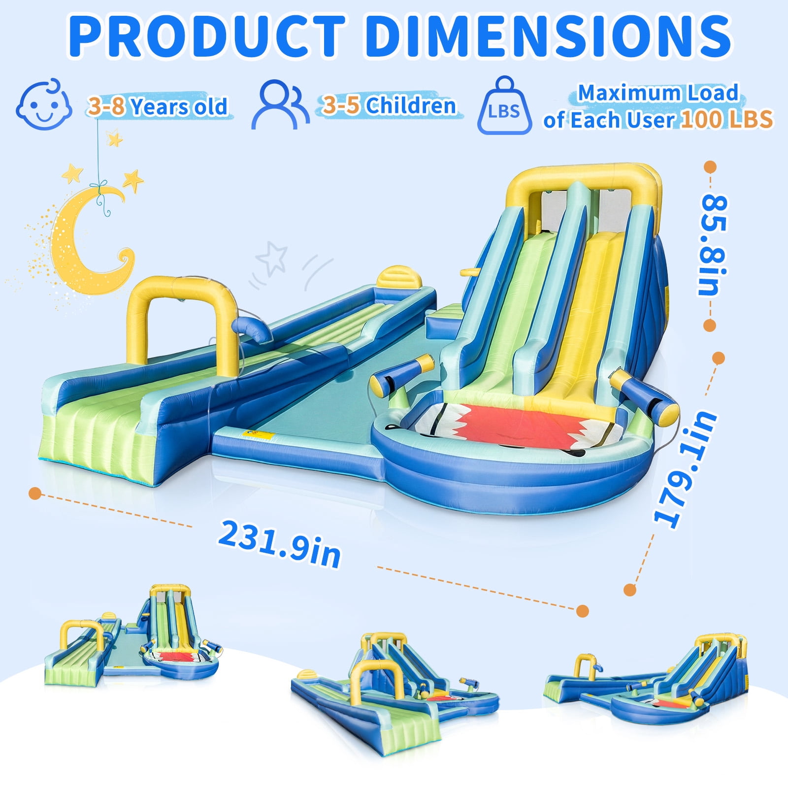 Ktaxon 8-in-1 Inflatable Water Slide Bounce House with Blower, 232" x 177" x 83", Shark Themed Water Park, Dual Slide & Long Slide for Kids Backyard