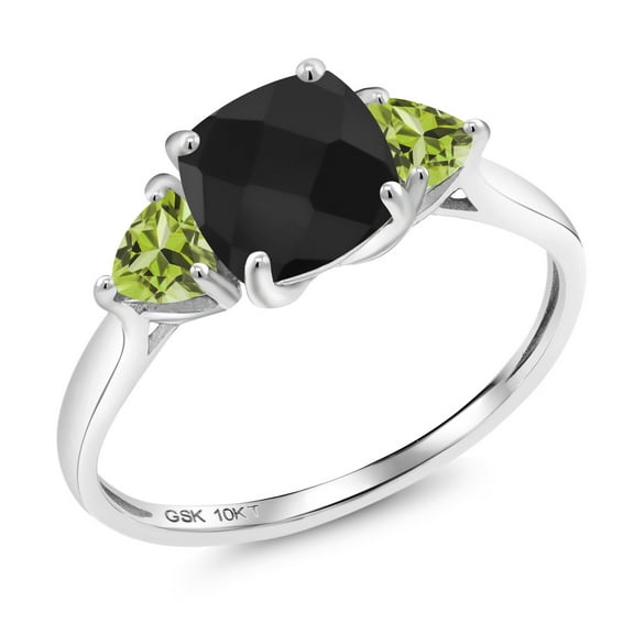 Gem Stone King 10K White Gold Black Onyx and Green Peridot 3-Stone Engagement Ring for Women (1.99 Cttw, 7MM Cushion Checkerboard and 4MM Trillion, Size 9)