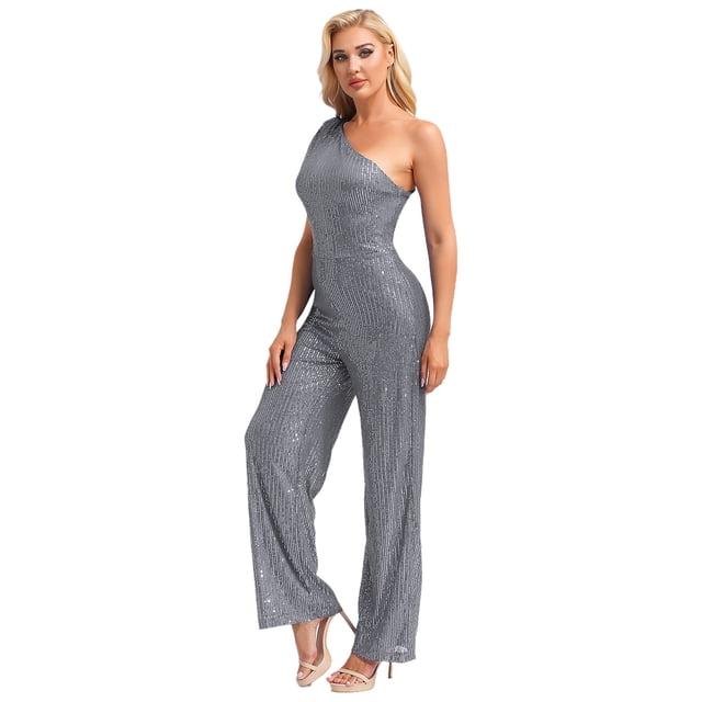 Xnihocha Combinaison Sans Manches pour Femmes une Épaule Robe de Soirée à Sequins Robe de Soirée Grise TTG