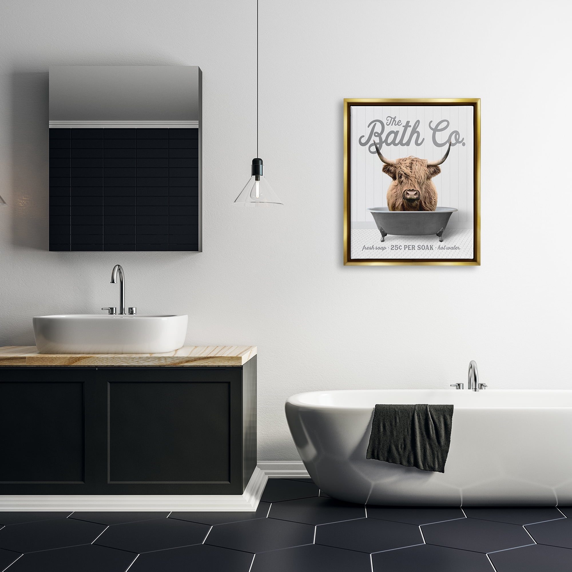 Stupell Industries Bathtub Highland Cow Animals & Insects Painting Gold Floater Framed Art Print Wall Art, 25 x 31