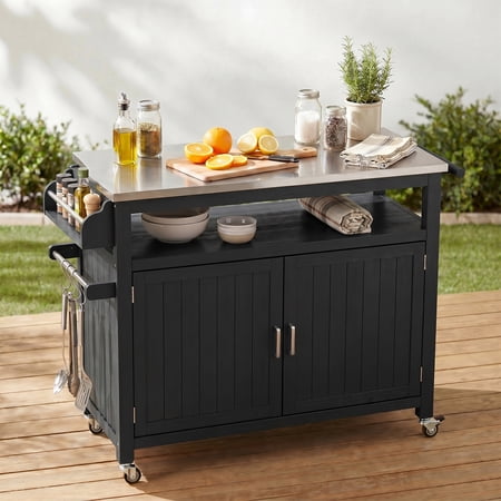 LAZZO Outdoor Grill Cart with Storage Cabinet, 43.3" Kitchen Island Station with Stainless Steel Top, Black