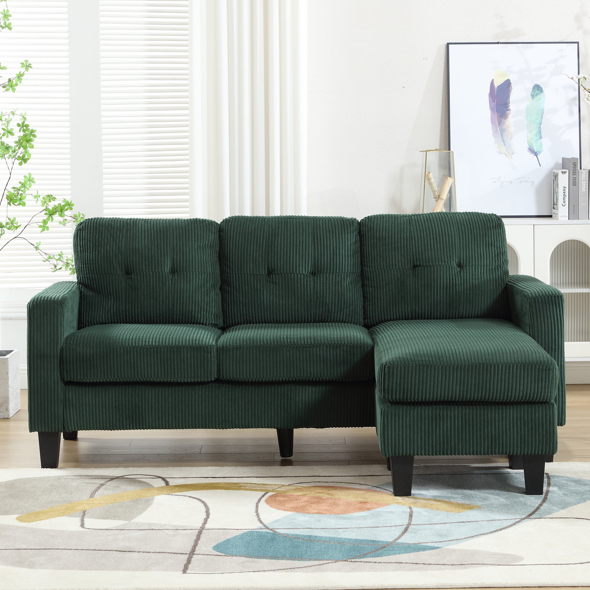 PORKISS Sectional Sofa with Ottoman, Velvet Fabric Sectional Couch, 3 Seat L Shaped Sofa for Apartment, Green