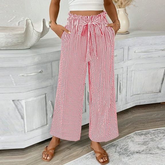 Striped Pants, Printed Wide-Leg High-Waisted Drawstring Elastic Waist Casual Pants With Side Pockets for Women (XXXL, Pink)