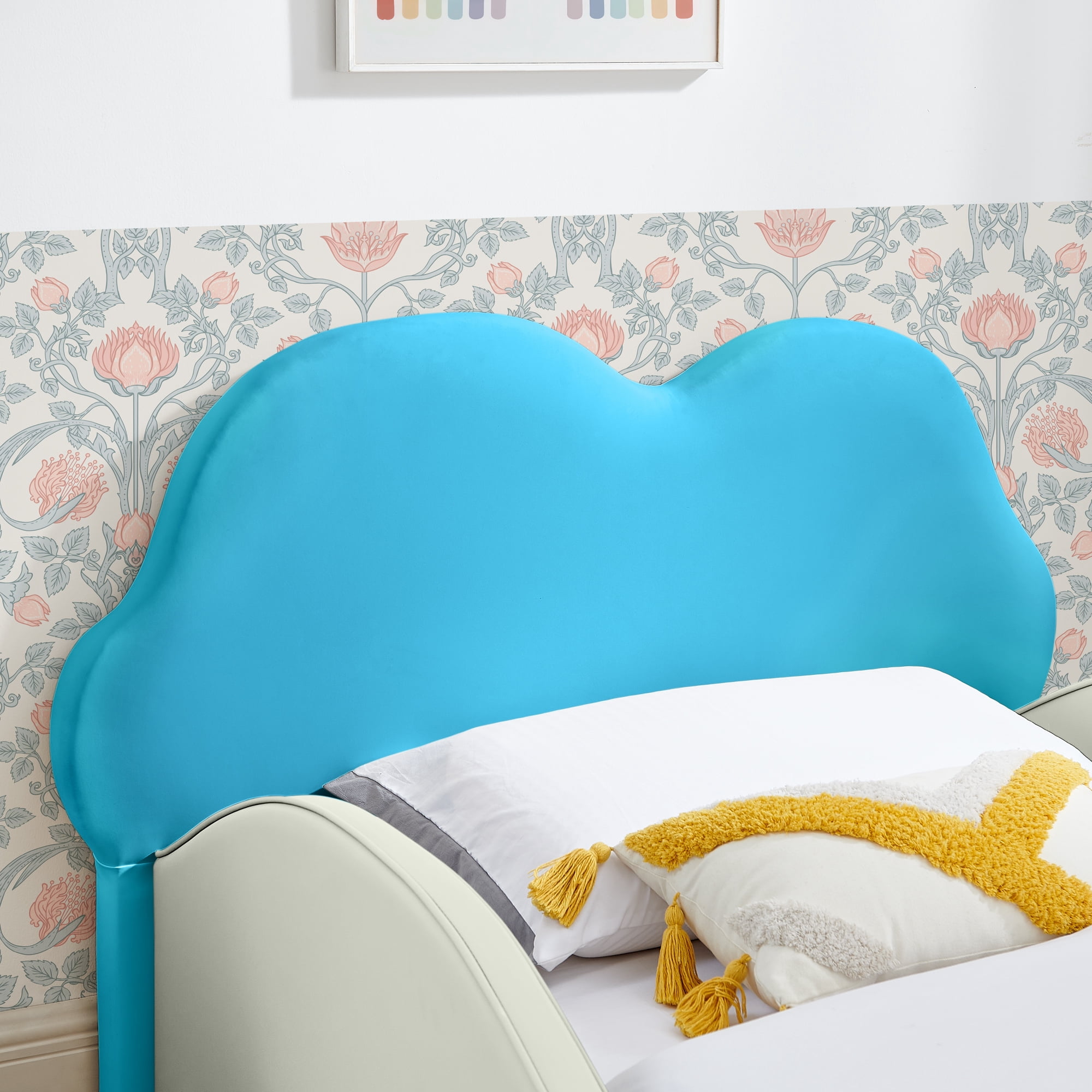 avobird Twin-Size PU Leather Children's Bed with Cute Cloud Design (with Guardrails), Safe & Cartoon Themed Kids Bed in Beige & Blue, Includes Storage Pocket