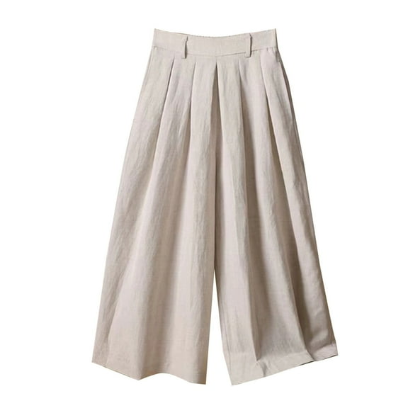 Womens Wide Leg Pants Capris Cotton Linen Baggy Solid Casual Comfy Pull On Palazzo Capri Pant Elastic Waist Loose Pleated Cropped Loungewear Trousers