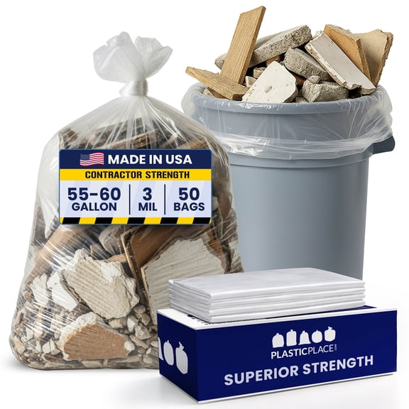 Plasticplace Contractor Trash Bags 55-60 Gallon, Heavy Duty Garbage Bags, 3.0 Mil Clear Trash Bags, Tear-Resistant Large Trash Can Liners for Construction, Recycling & Home Improvement (50 Count)