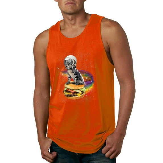 Funny Graphic Astronaut Cat in Space on Cheeseburger | Mens Cat Lover Graphic Tank Top, Orange, Large
