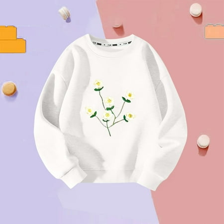 

PiGOGI Printed Fleece Hoodie for Girls Winter Round Neck Children Clothing Long Sleeved Base Shirt White