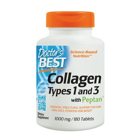 Doctor's Best Collagen Types 1 and 3 with Peptan, Non-GMO, Gluten Free, Soy Free, Supports Hair, Skin, Nails, Tendons and Bones, 1000 mg, 180 (Best Nutrients For Skin Health)