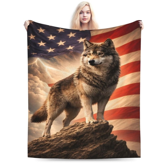 Patriotic Wolf Throw Blanket, American Flag Wildlife Design, Soft Warm Fleece Blanket for Sofa, Bed, Living Room, All Season Home Decor 50x40