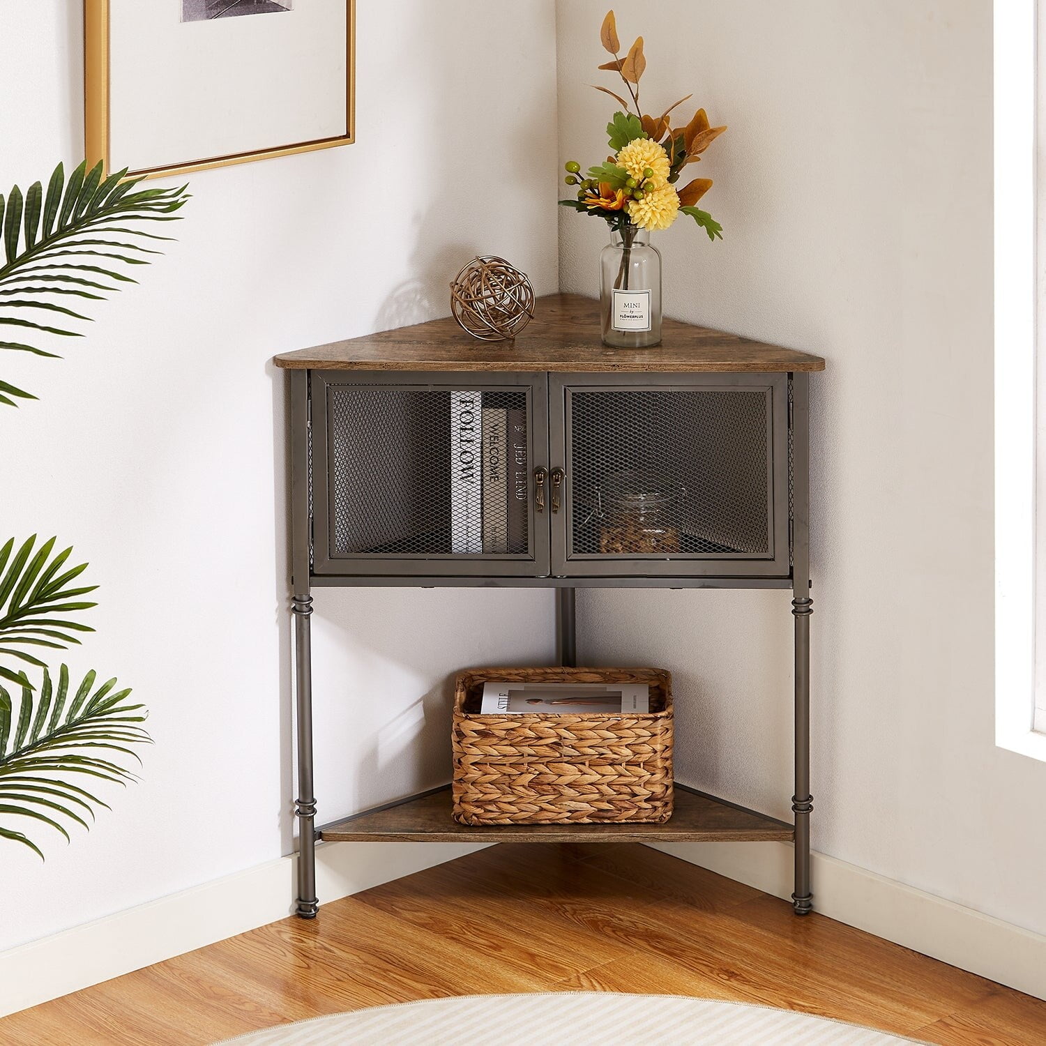 Triangle Side Table Corner Table with 3tier Storage Shelf Grey End Tables, Table Sets