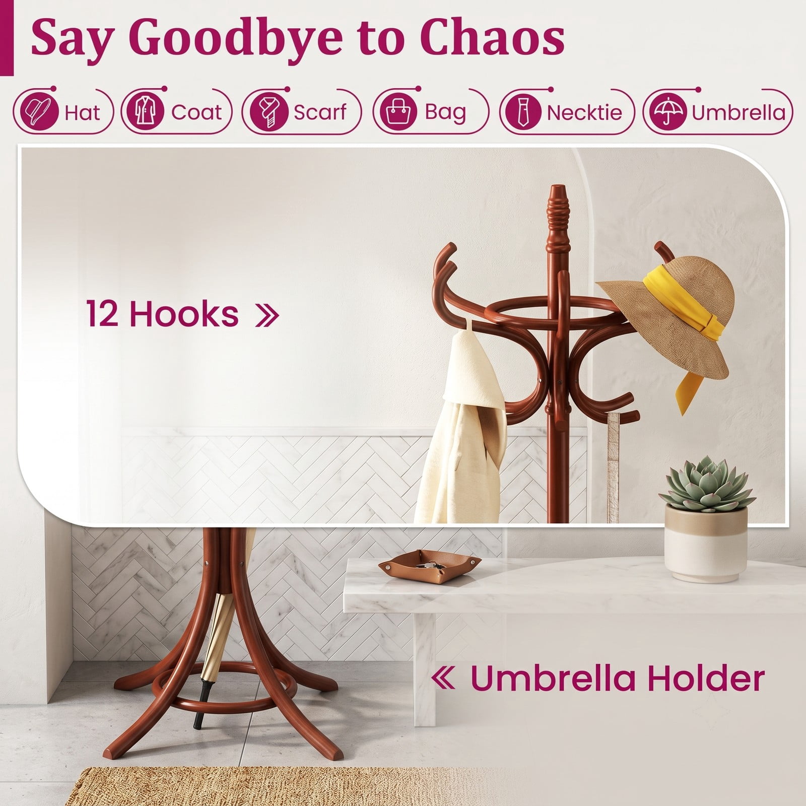 Furnibear Freestanding Wood Coat and Hat Rack Stand with Umbrella Stand Rotating Top and 12 Hooks for Entryway and Hallway, Brown