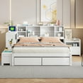 thumbnail image 3 of Full Size Bed Frame, Wooden Platform Bed with Nightstand & Desk, Full Bed Storage Headboard with Charging Station, No Box Spring Needed, White, 3 of 9