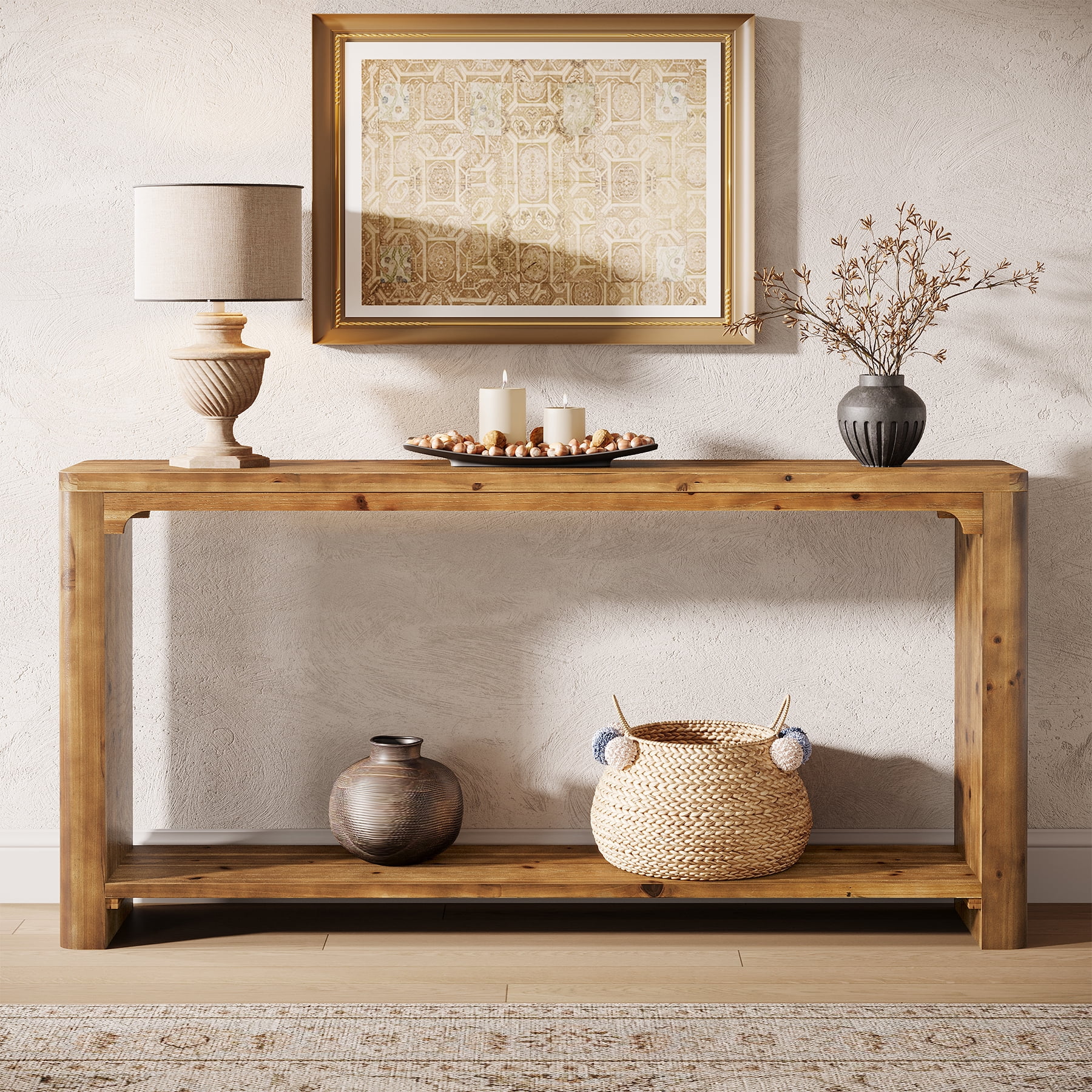 TRIBEWOOD 63" Solid Wood Console Table, Farmhouse Entryway Table for Living Room