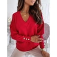 thumbnail image 4 of Womens Long Sleeve V Neck Sweater Casual Loose Chunky Knit Fall Sweater Pullover Shirts Top for Women Red XXL, 4 of 6