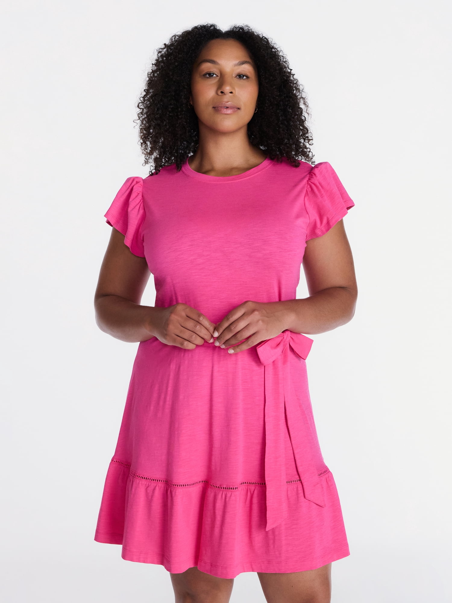 Time and Tru Women's and Women's Plus Belted Mini Dress with Flutter Sleeves, Sizes XS-4X