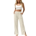 thumbnail image 2 of Women's Cotton Blend High Waist Wide Leg Pants, Loose Straight Casual Pants with Tummy Control, Soft Stretchy Fabric, Relaxed Fit Trousers for Office, Lounge, | TruHer,Beige L, 2 of 9