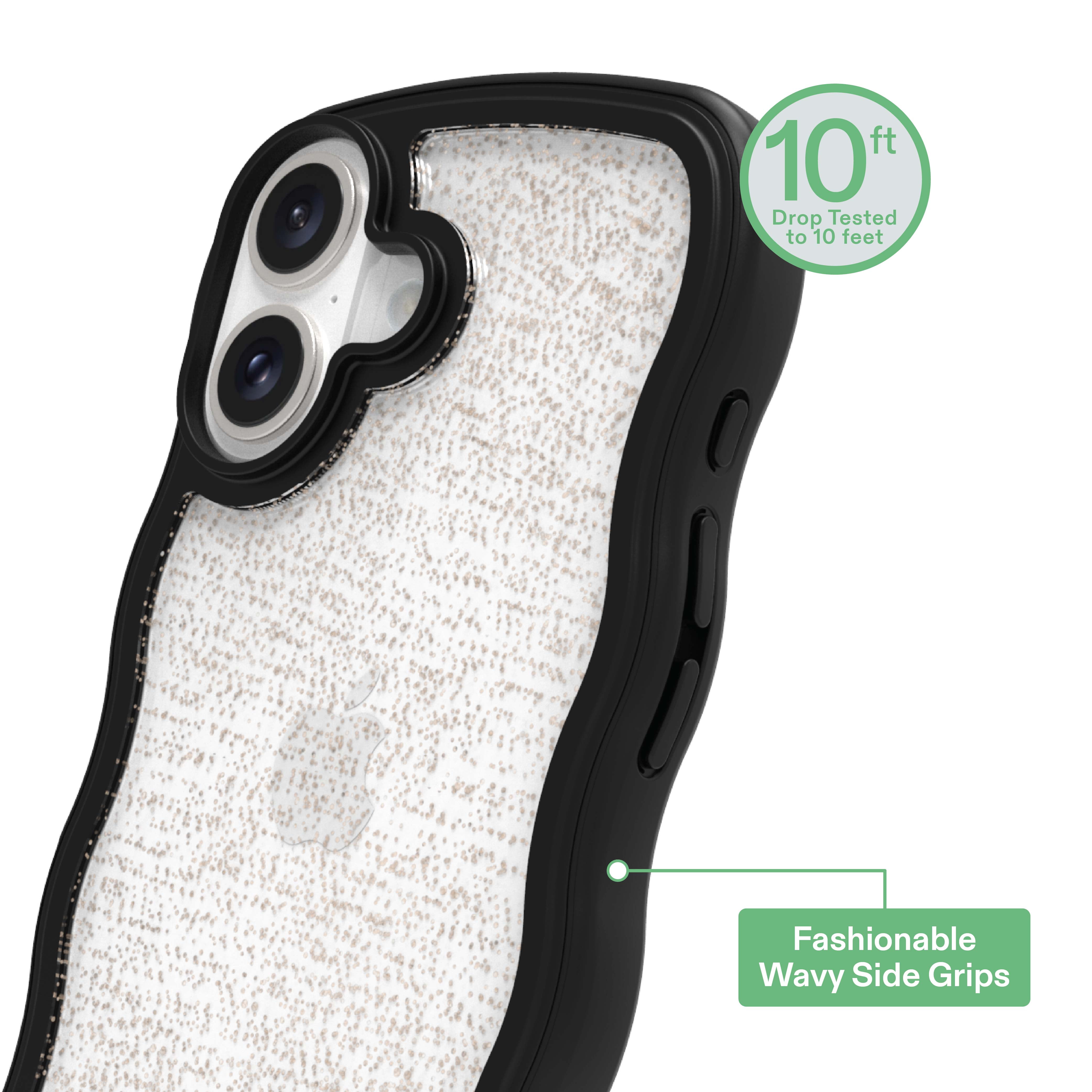 onn Wavy Grip Phone Case for iPhone 16 - Black/Gold Glitter