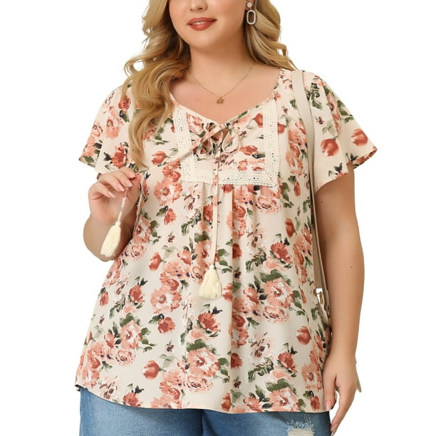 Women's Plus Size Chiffon Blouses Tie Neck Tassel Lace Insert Flare Short Sleeve Floral Tops Apricot 2X