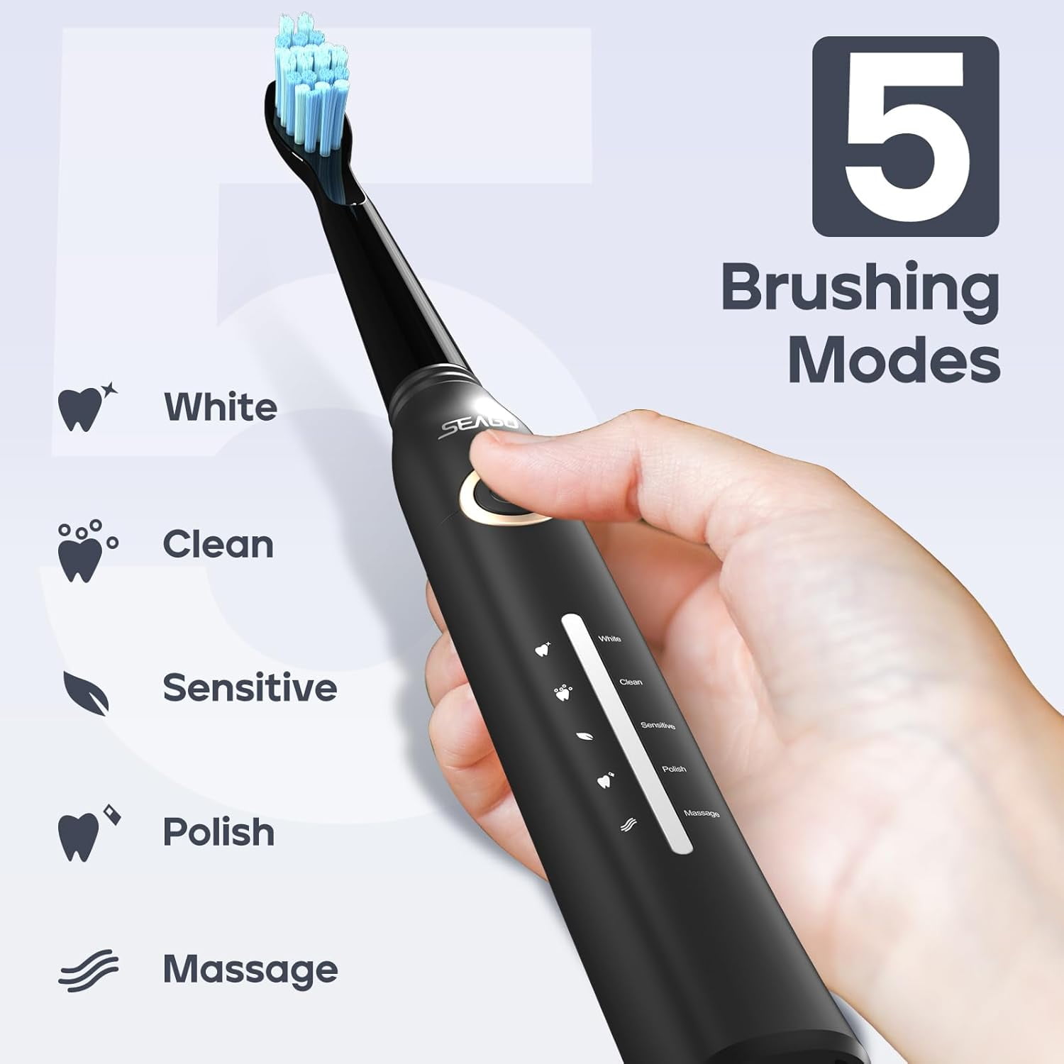 Seago Sonic Electric Toothbrush For Adult, 8 Brush Heads, 1 USB charging cable,4000VPM, Black SG958