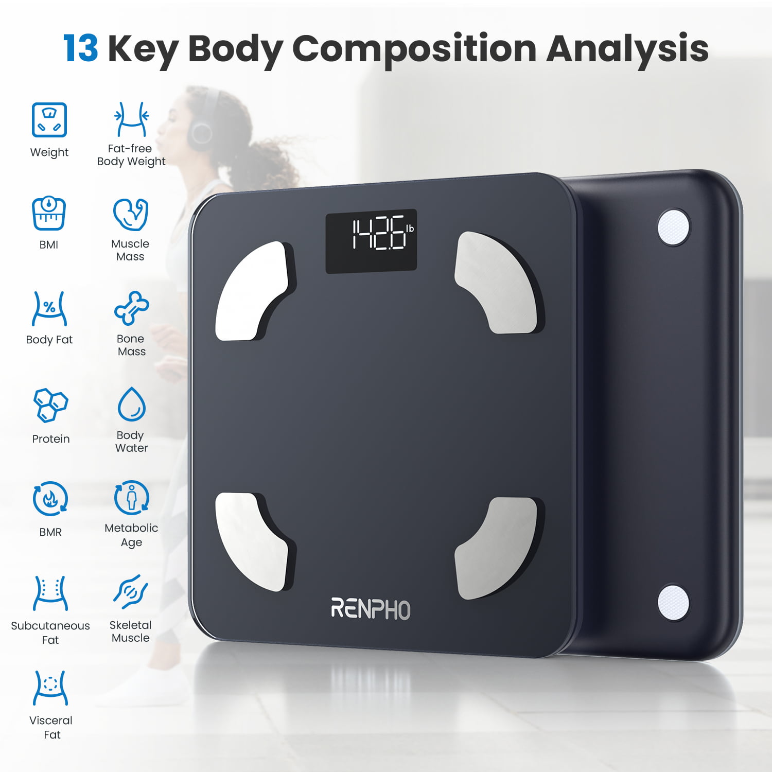 RENPHO Body Fat Scale, Smart Scale with Large VA Display, Bathroom Scale for Body Weight and Fat Percentage, BMI, Muscle & Bone, Bone