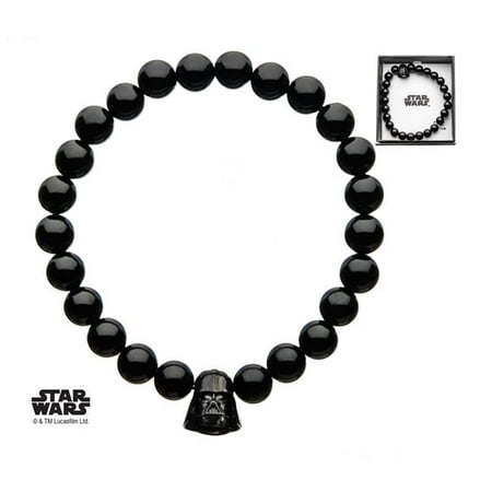 Black IP Stainless Steel Darth Vader Charm Bracelet With Black Agate Beads