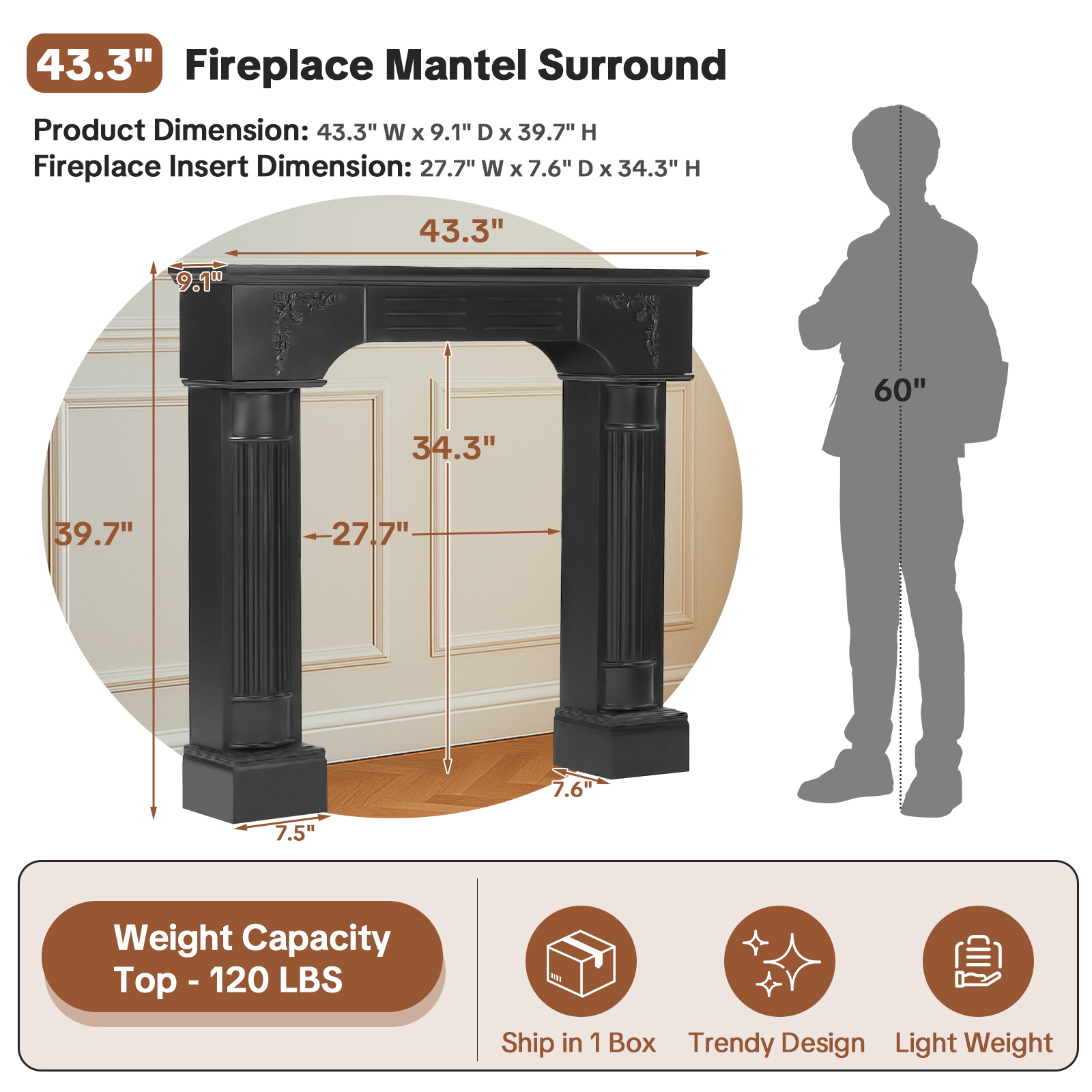 OUINCH 43.3" Fireplace Mantel, Freestanding Fireplace Surround with Leg for Electric Fireplaces, MDF Mantel Surround with Shelf for Living Room with Decorative Pattern, Anti-Tipping & Waterproof