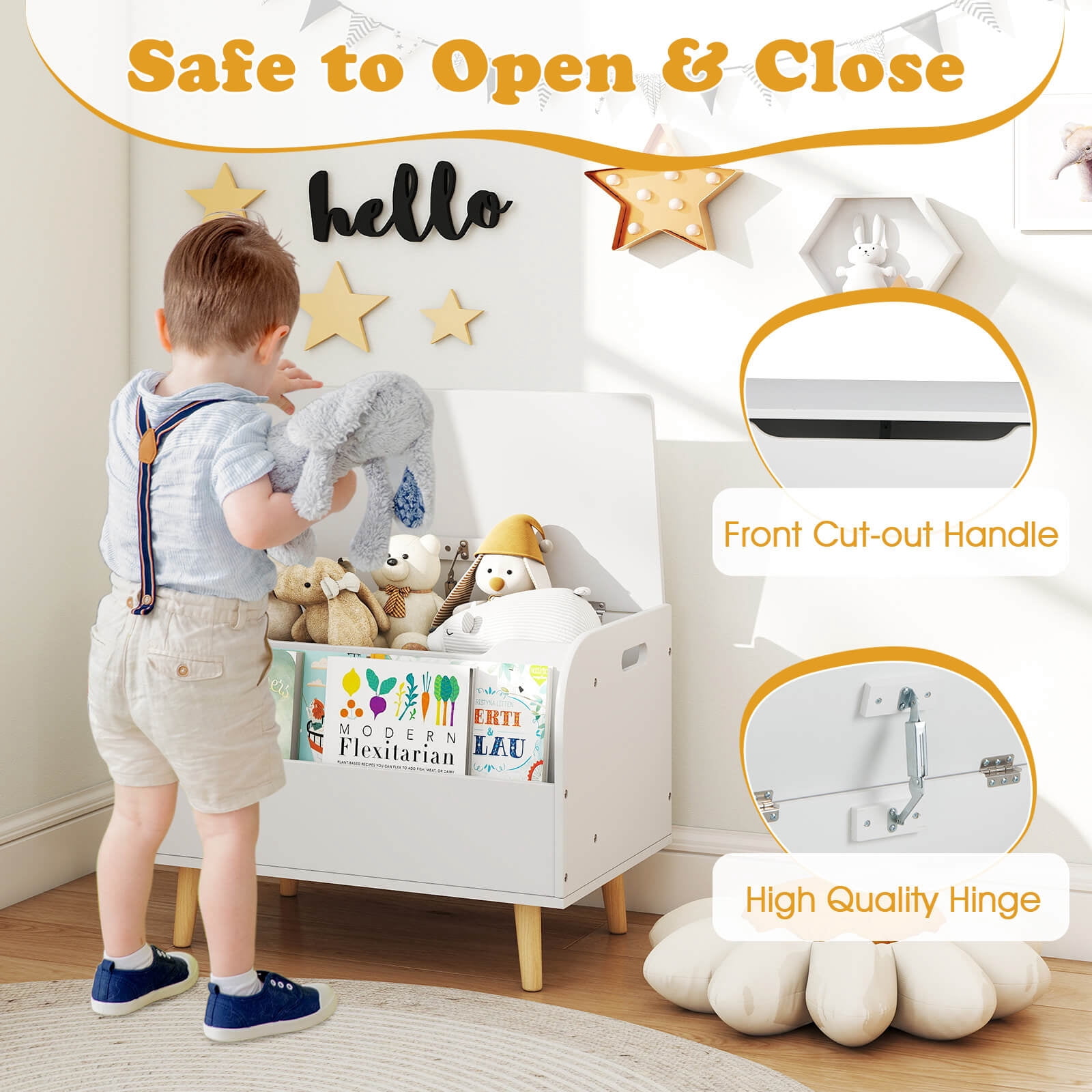 Costway Kids Wooden Toy Box with Front Bookshelf 4 Solid Wood Legs Flip-top Lid for Nursery White