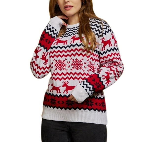 hejhncii Family Couple Christmas New Year Sweater Elk Striped Knitted Holiday Jumpers Top