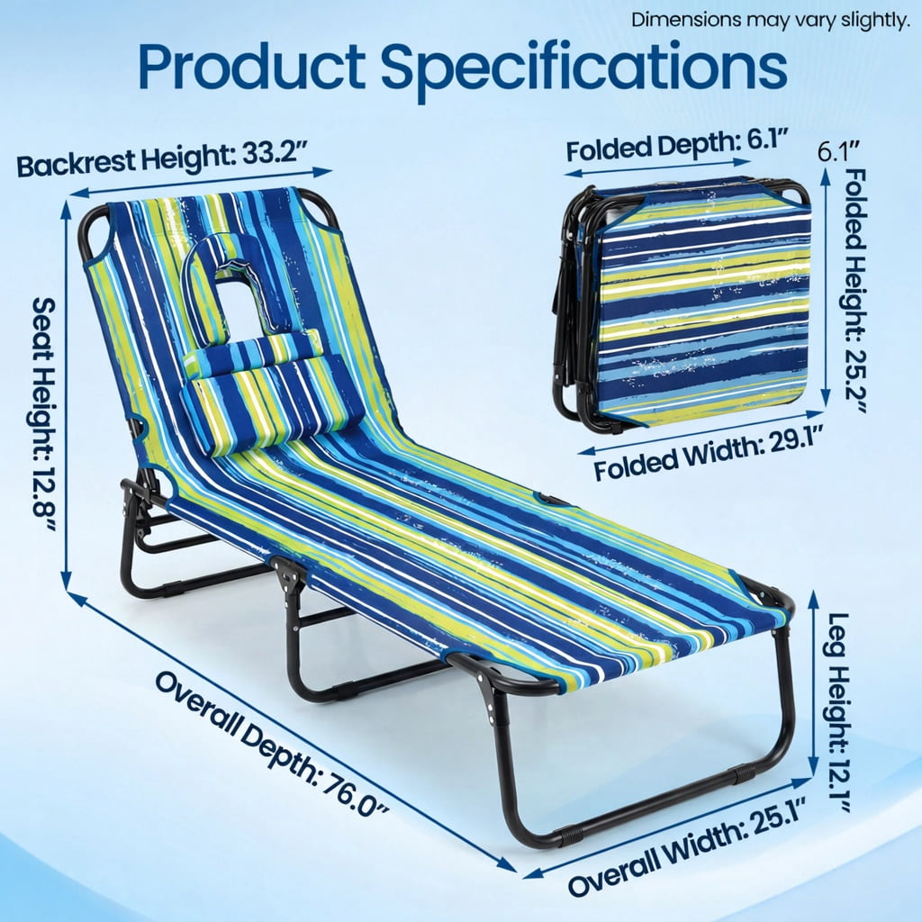 Hommoo Foldable Face-Down Tanning Chair with Adjustable Backrest, 3 Removable Pillows & Face Hole, Blue & Green