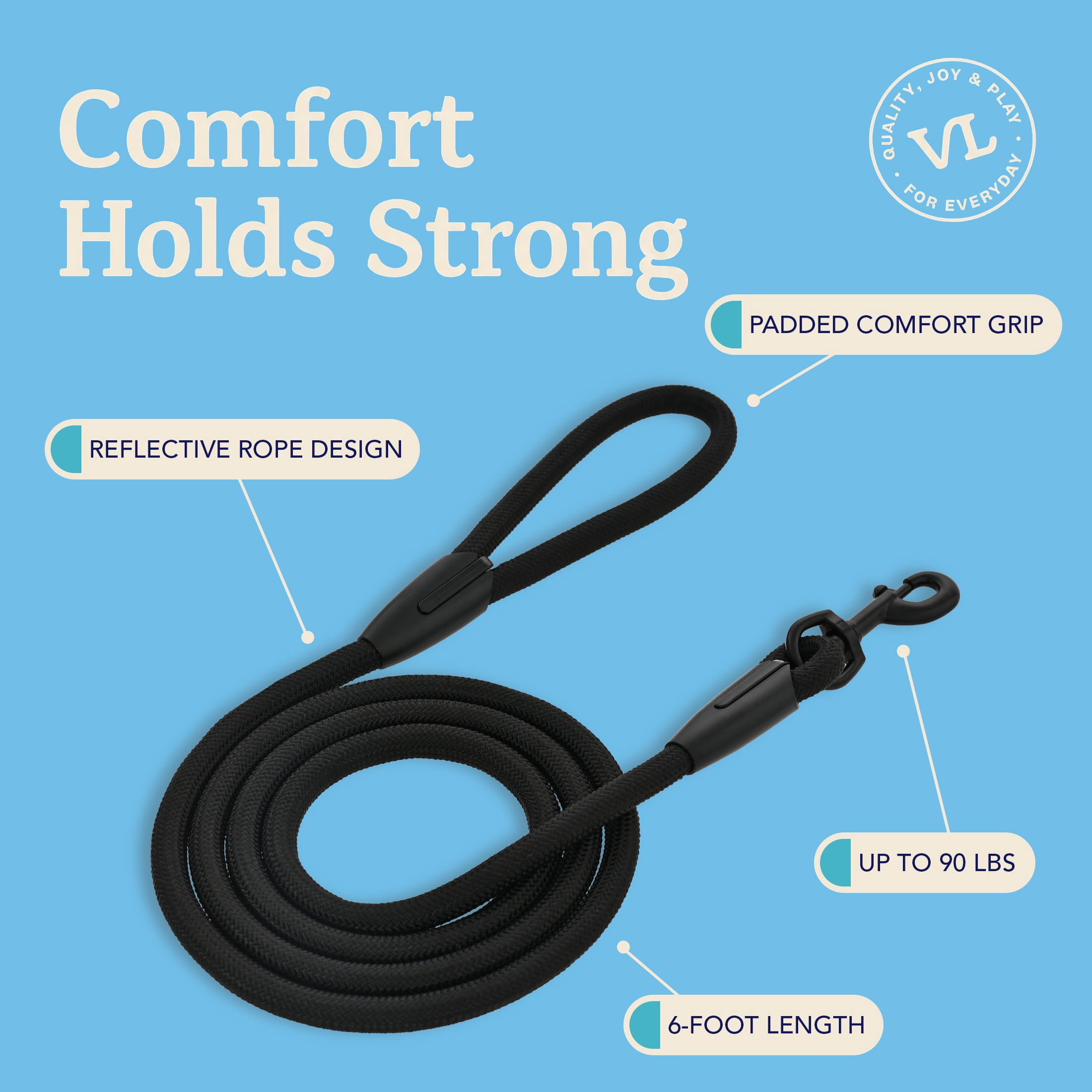 Vibrant Life 6' Padded Handle Rope Leash, Black, M/L