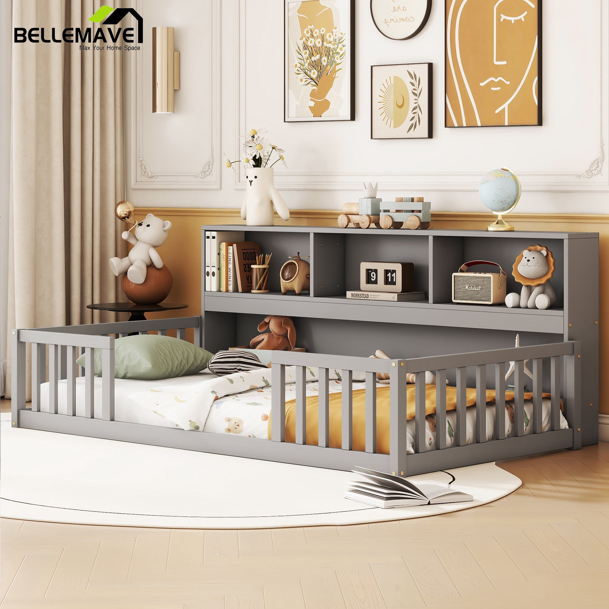 Bellemave Twin Size Floor Bed Frame with Fence and Bookcase Floor Bed Low Montessori Bed Frame with Storage Shelves (Twin, Gray)