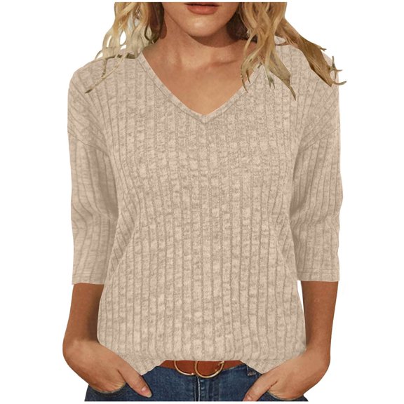 ManxiVoo Womens Brushed Striped V Neck Tee Shirt Artistic Retro Inspired Three Quarter Sleeve Top L Size Beige