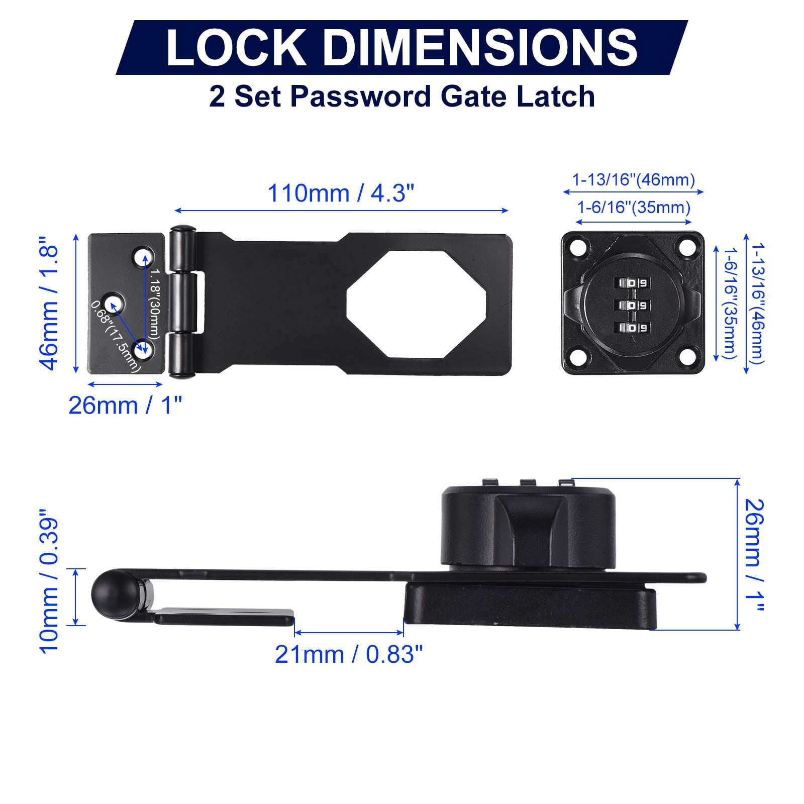 Household Cabinet Password Lock Hasp Lock Combination Latch with 3-Digit Password, Black 2 Pack