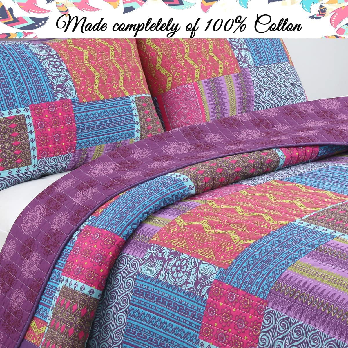 Cozy Line Home Fashions Aldiana 3-Piece Purple Patchwork Reversible Cotton Quilt Bedding Set, King
