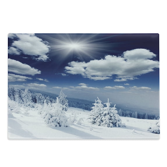 Winter Cutting Board, Winter Landscape on Hills with Snowy Trees and Fluffy Clouds Idyllic Seasonal Image, Decorative Tempered Glass Cutting and Serving Board, Large Size, Blue White, by Ambesonne