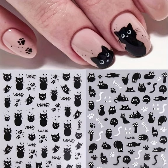2 Sheets Adorable Black Cat Nail Art Stickers - Self-Adhesive Halloween Nail Wraps for Women and Girls