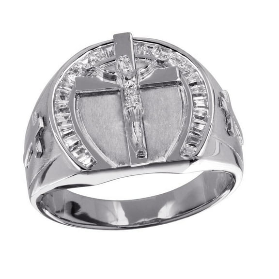 Polished Rhodium Plated 925 Sterling Silver Men's Crucifix Ring Band White CZ Female Size 12