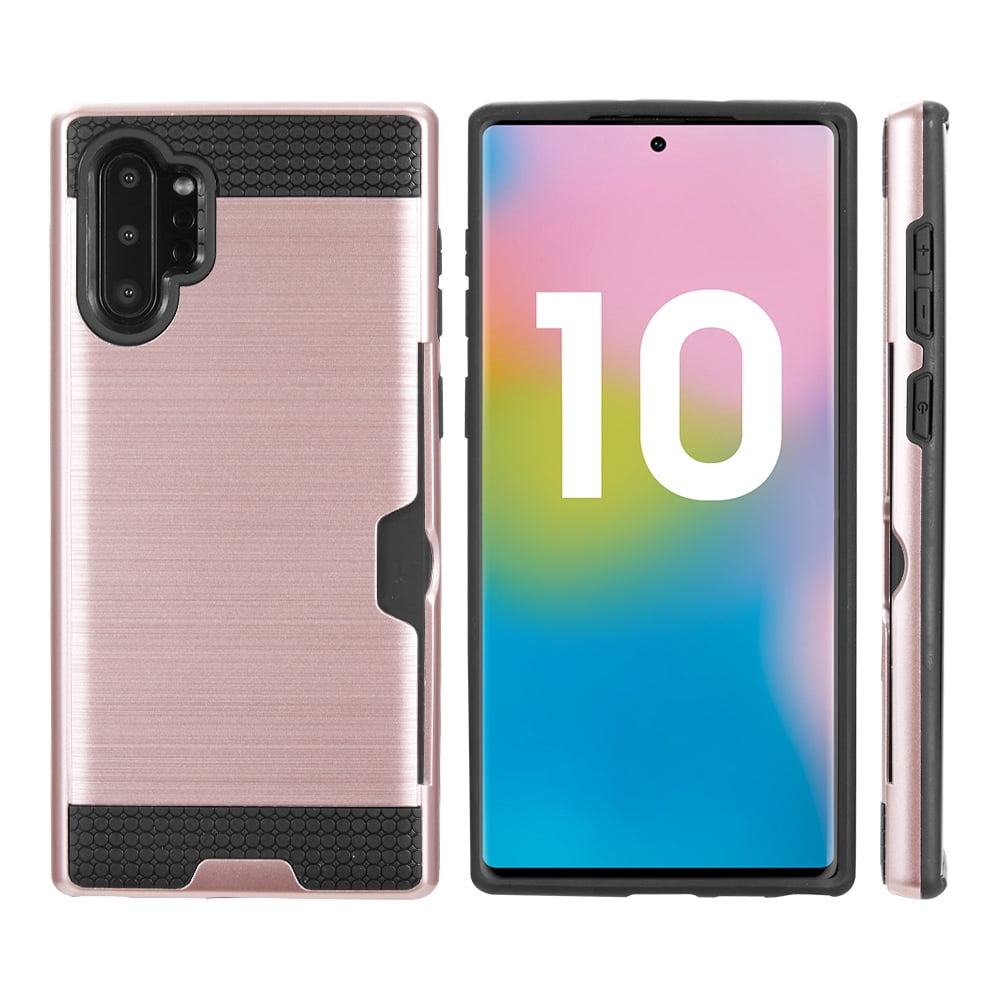 Rugged Hybrid Case Designed for Galaxy Note 10+/10+ 5G (2019) With Credit Card Slot And Rotating Ring Holder (Rose)