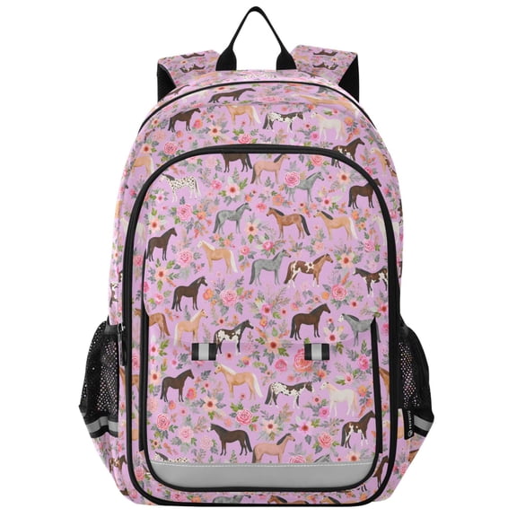 FORMRS Kids Backpack for School Unisex 17" Casual Bookbag Travel Daypack with Compartment Pockets, Purple Floral Horses Pattern