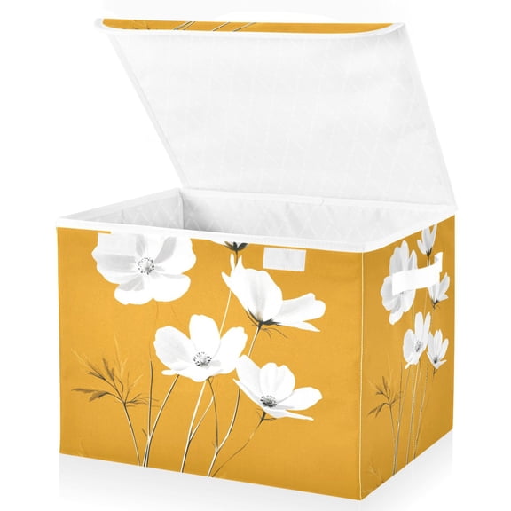 Yayeee Collapsible Cube Storage Bin with Lid Fabric Closet Decorative Basket with Handles, White Flowers