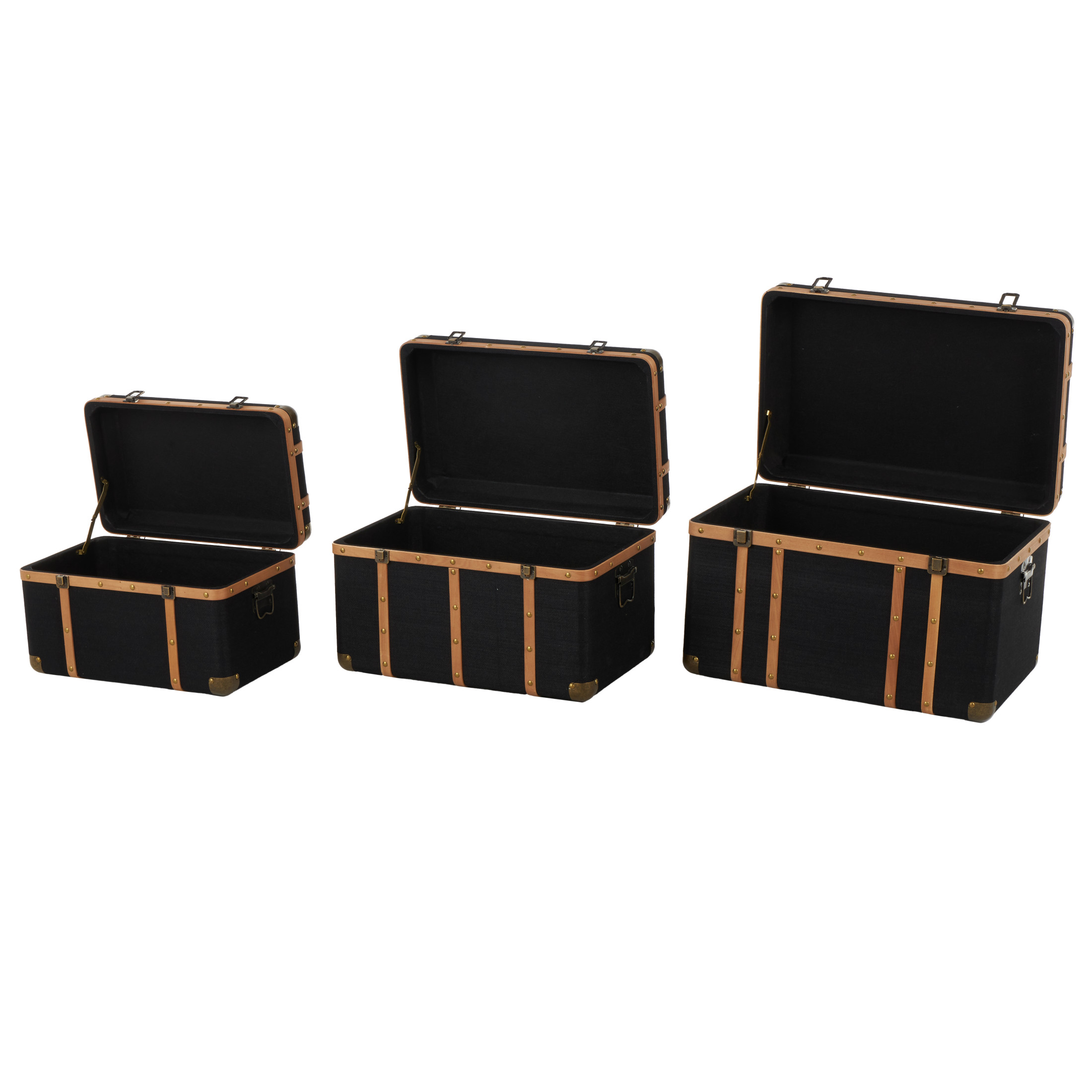 DecMode 22" x 14" Black Fabric Trunk with Brass Metal Latches and Brown Wooden Accents, 3-Pieces