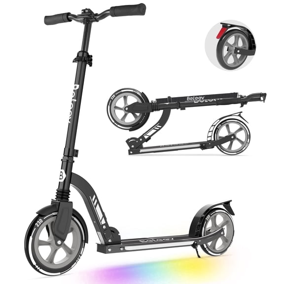 BELEEV Kick Scooter for Ages 6 ,Kid, Teens & Adults. Max Load 220 LBS. Foldable, Lightweight, 8IN Big Wheels for Kids, Teen and Adults, Black