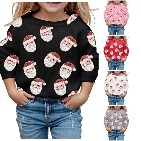 Tanghaowl Girls Pullover Children Fashion Casual Christmas Printed Hoodie Spring Autumn Long Sleeved Loose Top Pullover Hoodie Black 6-7 Years