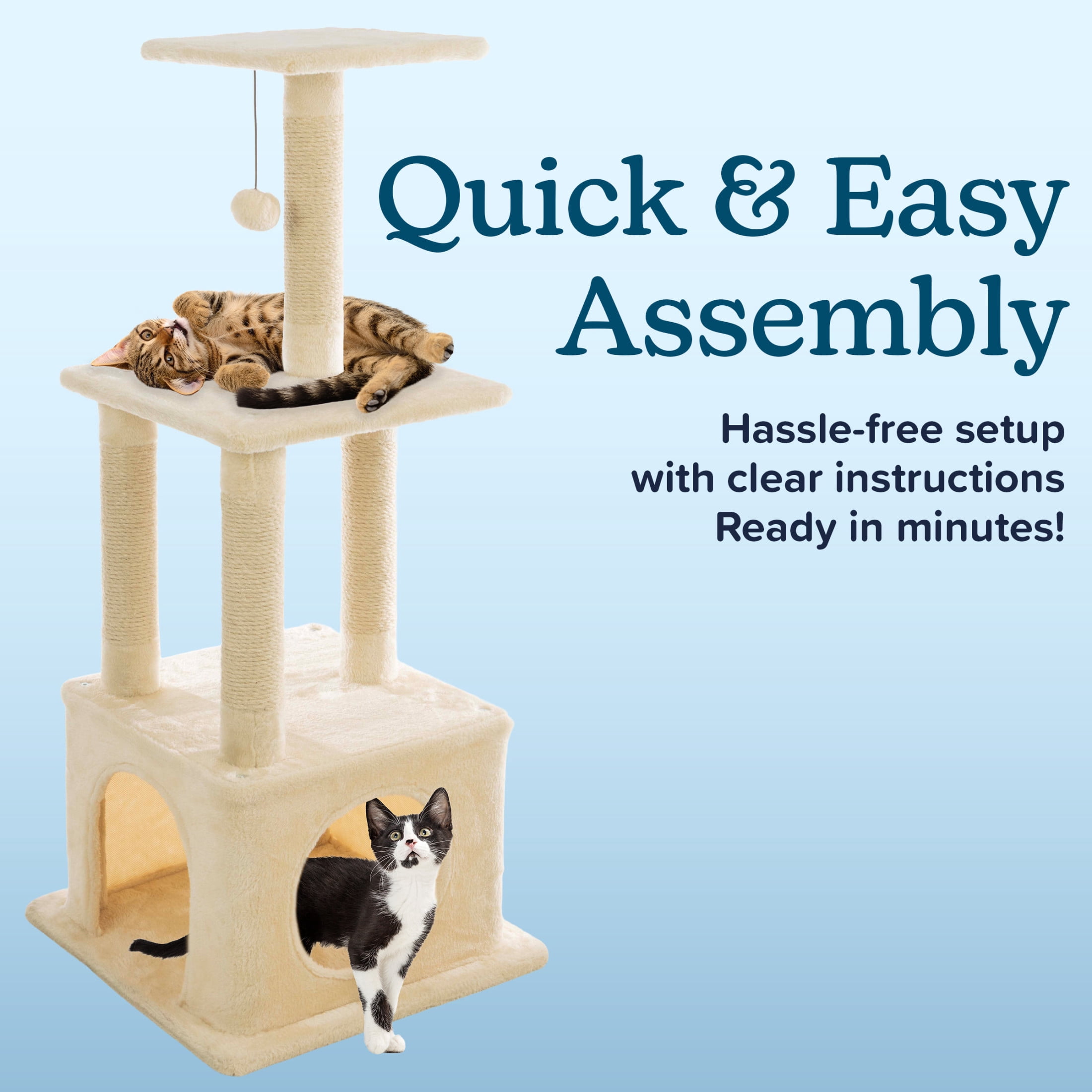 PETMAKER 44in Tall Cat Tree Tower with Perches, Condo, Scratching Posts, and Hanging Toy (Beige)